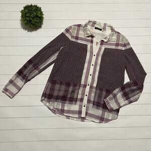 FYLO London Maroon White Plaid Chiffon Sheer Button Front Top Blouse Small